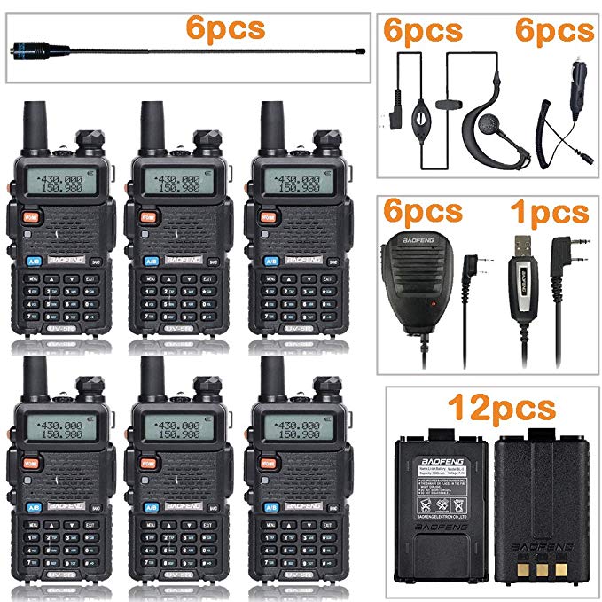 BaoFeng UV-5R Dual Band Two Way Radio Black(6 Pack) + 6 NA-771 Antennas and Speaker Mics + 12 1800mah Batteries + 1 Programming Cable