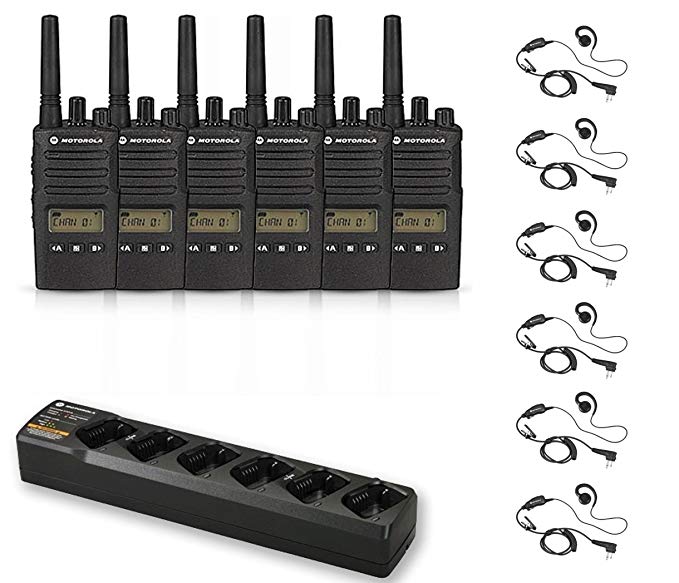 6 Pack of Motorola RMU2080d Radios with 6 Push To Talk (PTT) earpieces and a 6-Bank Radio Charger