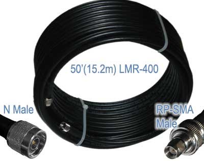 Times Microwave LMR-400 Ultra Low Loss 50-Foot Antenna Cable. N Male & RP-SMA Male (Plug - No Pin) connectors. Connects an external antenna to WiFi , Router, Radio or Antenna