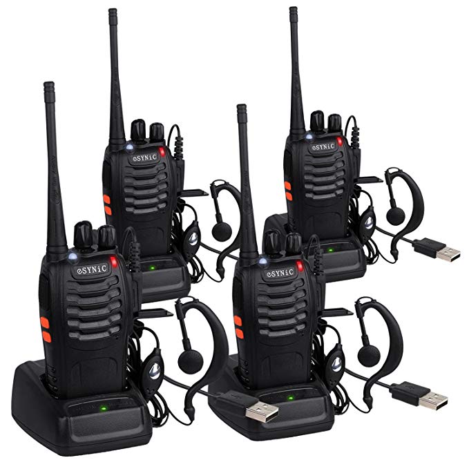 eSynic 4 Pack Rechargeable Walkie Talkies Long Range Two Way Radio UHF 400-470MHz Walky Talky Earpieces Flashlight 16 Channel FM Handheld Transceiver Support USB Cable Charging