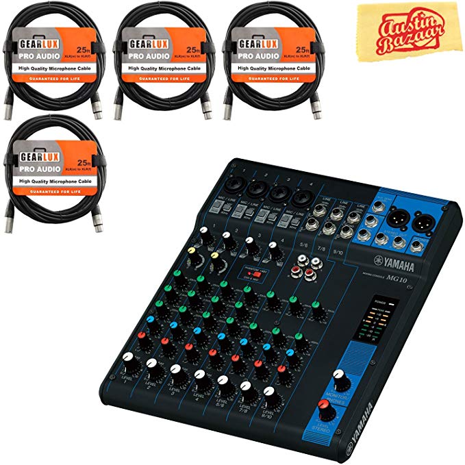 Yamaha MG10 10-Channel Mixing Console Bundle with Vocal Mic, Headphones, XLR Cable, Instrument Cable, and Polishing Cloth