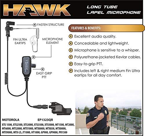 Hawk Lapel Mic for Motorola XTS Radios Includes Fin Ultra Earmolds