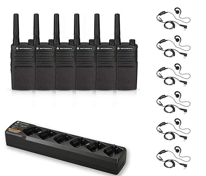 6 Pack of Motorola RMU2040 Radios with 6 Push To Talk (PTT) earpieces and a 6-Bank Radio Charger