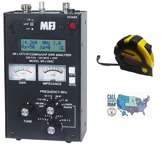 Bundle - 3 Items - Includes MFJ 269C HF/VHF/220MHz/UHF Antenna/SWR/RF Analyzer with Meters with the New Radiowavz Antenna Tape (2m - 30m) and HAM Guides Quick Reference Card